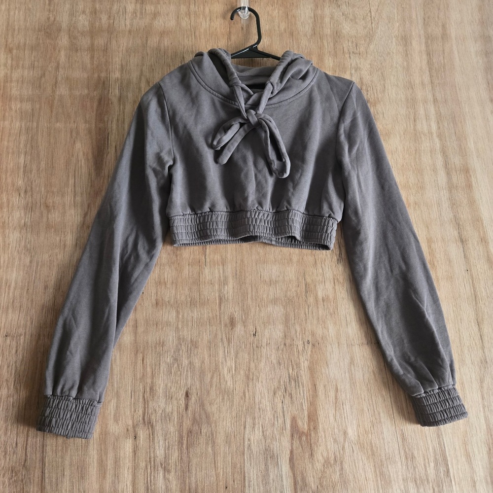 Charcoal Gray Olive Green Cropped Tie Front Hoodie Sweatshirt Smocked Waist S